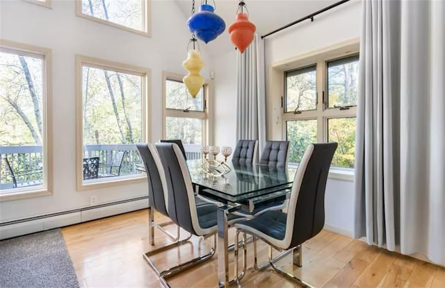 dining room with baseboard heating and wood-type flooring