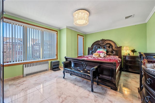 bedroom featuring baseboards, visible vents, radiator heating unit, ornamental molding, and a notable chandelier