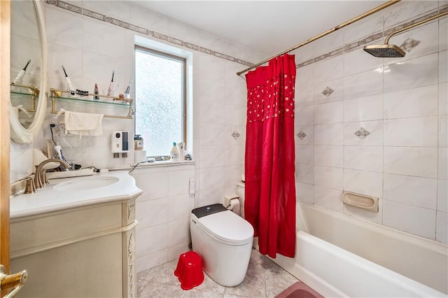 full bathroom with tile patterned flooring, tile walls, toilet, shower / tub combo, and vanity