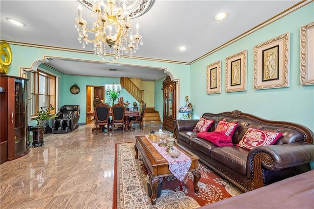 living room featuring stairway, an inviting chandelier, arched walkways, ornamental molding, and marble finish floor