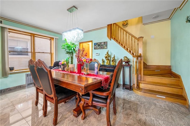 dining area featuring stairway, baseboards, an inviting chandelier, and ornamental molding