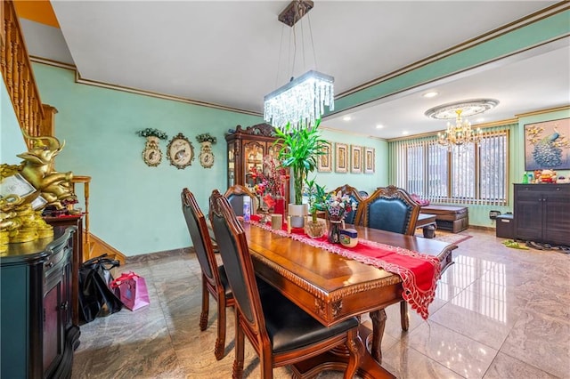 dining area with recessed lighting, baseboards, an inviting chandelier, and ornamental molding