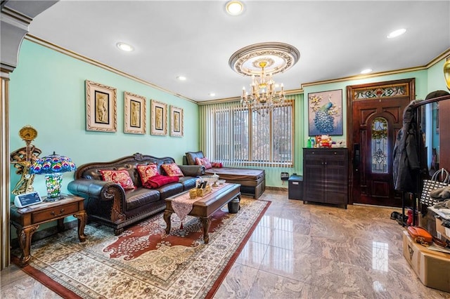 living area featuring a chandelier, recessed lighting, marble finish floor, and ornamental molding