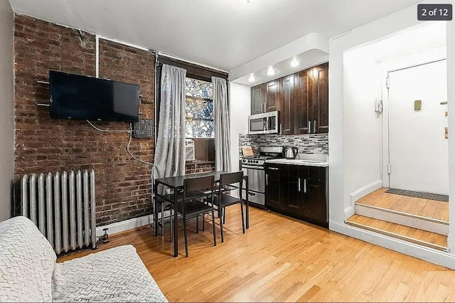 kitchen with radiator, appliances with stainless steel finishes, tasteful backsplash, dark brown cabinetry, and light hardwood / wood-style floors