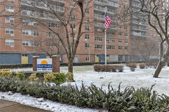 view of snow covered building