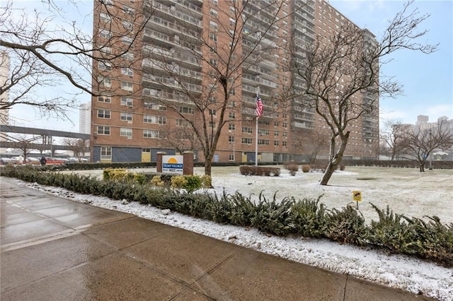 view of snow covered building