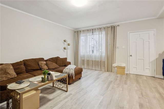 living area with light wood-type flooring and crown molding