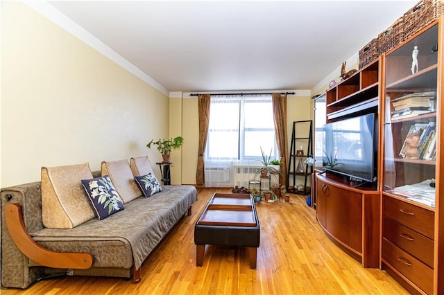 living area with ornamental molding and light wood-style flooring