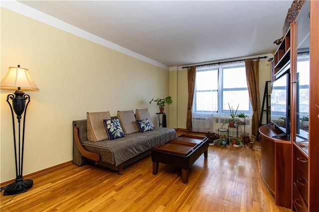 living room with ornamental molding, light wood finished floors, and baseboards