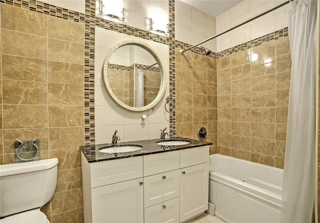 1740 W 4th St Unit 4C, Brooklyn, NY 11223 - bathroom with tile walls, shower / bath combination with curtain, and double vanity