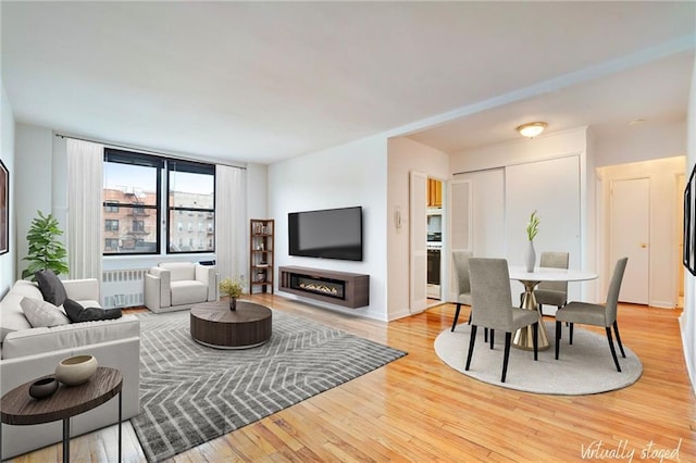 living area with a glass covered fireplace, light wood-style flooring, and radiator heating unit