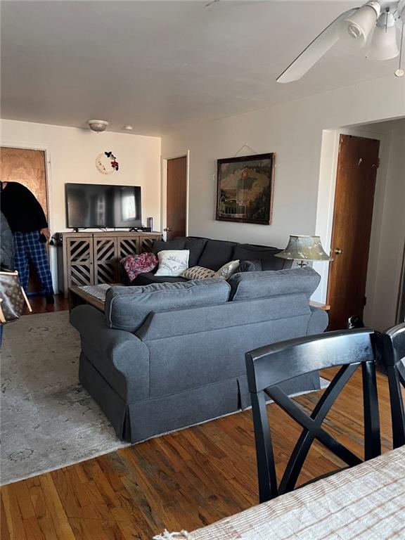 living area featuring ceiling fan and wood finished floors