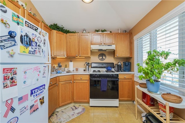 kitchen with freestanding refrigerator, light countertops, under cabinet range hood, a sink, and gas stove