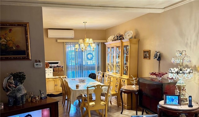 dining room with a wall unit AC and a notable chandelier