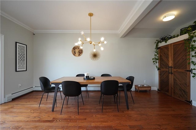 dining space featuring a chandelier, ornamental molding, a baseboard radiator, and wood finished floors