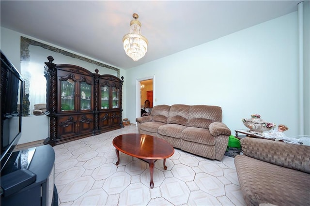 living area featuring a chandelier