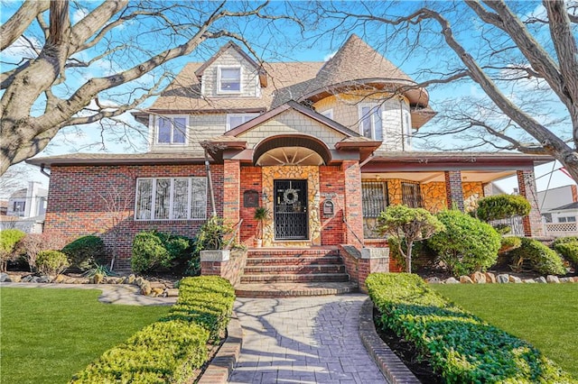 view of front of property featuring a front yard and brick siding