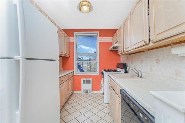 9707 4th Ave Unit 4W, Brooklyn, NY 11209 - kitchen featuring white appliances, light countertops, under cabinet range hood, backsplash, and light tile patterned floors