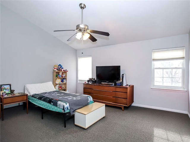 bedroom with lofted ceiling, carpet floors, a ceiling fan, and baseboards