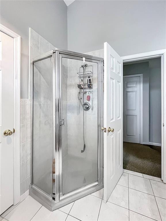 bathroom with tile patterned flooring and a shower stall