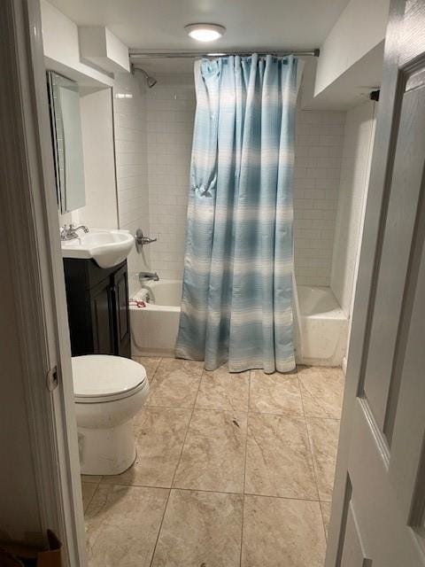 full bathroom featuring toilet, tile patterned floors, shower / bathtub combination with curtain, and vanity