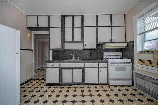 kitchen with under cabinet range hood, white appliances, a sink, ornamental molding, and dark countertops