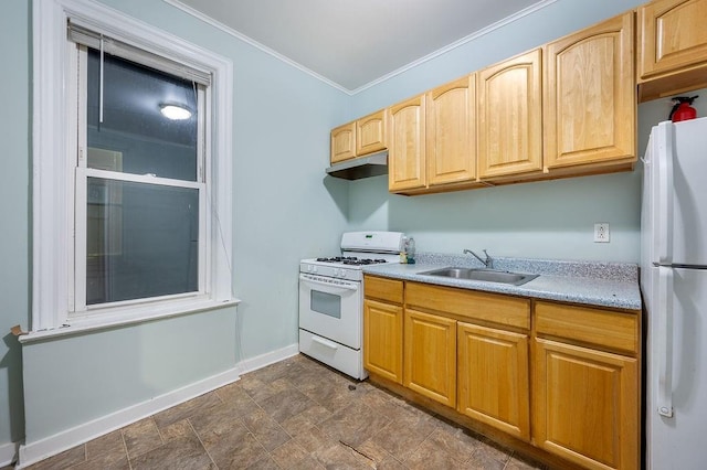 kitchen with white appliances, ornamental molding, light countertops, under cabinet range hood, and a sink