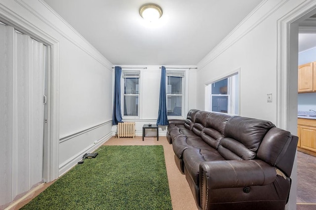 living room featuring ornamental molding, light colored carpet, and radiator heating unit