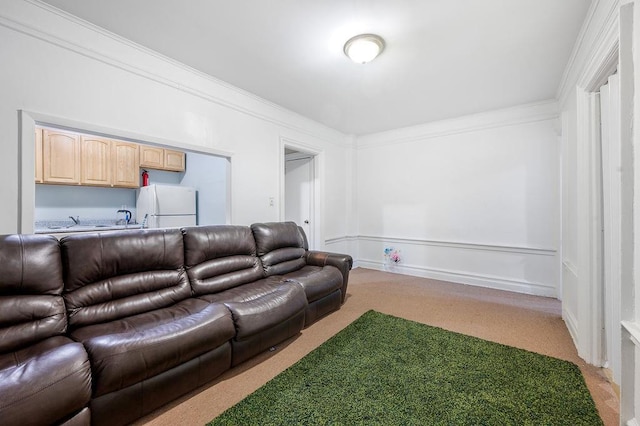 living area with ornamental molding, light colored carpet, and baseboards