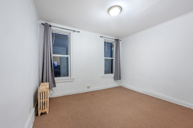 carpeted spare room with crown molding and baseboards