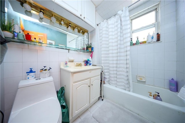 bathroom featuring toilet, vanity, tile walls, backsplash, and shower / bath combination with curtain