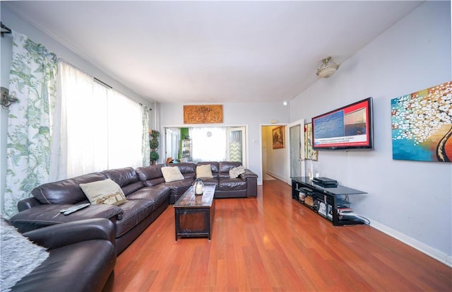 living room with baseboards and wood finished floors