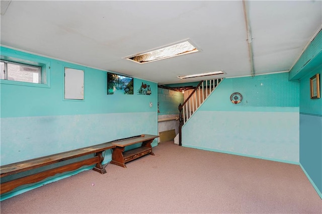 interior space featuring carpet and stairs