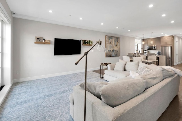 97 Battery Ave Unit 3B, Brooklyn, NY 11209 - living room with recessed lighting, baseboards, light carpet, and crown molding