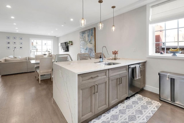 97 Battery Ave Unit 3B, Brooklyn, NY 11209 - kitchen with a sink, stainless steel dishwasher, light wood-style flooring, a peninsula, and recessed lighting