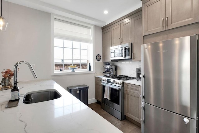 97 Battery Ave Unit 3B, Brooklyn, NY 11209 - kitchen featuring stainless steel appliances, a sink, backsplash, recessed lighting, and dark wood-style floors