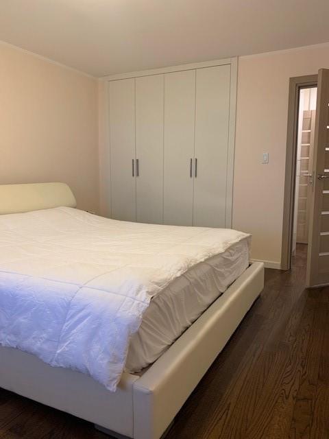 bedroom featuring dark wood-style flooring and a closet