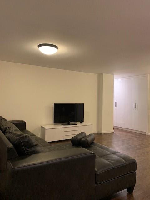 living room with dark wood-style flooring