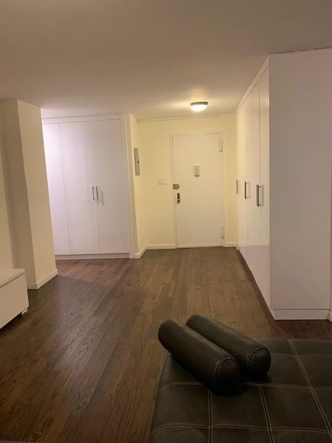 hall with dark wood-type flooring