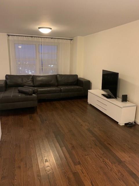 living area featuring dark wood-style floors