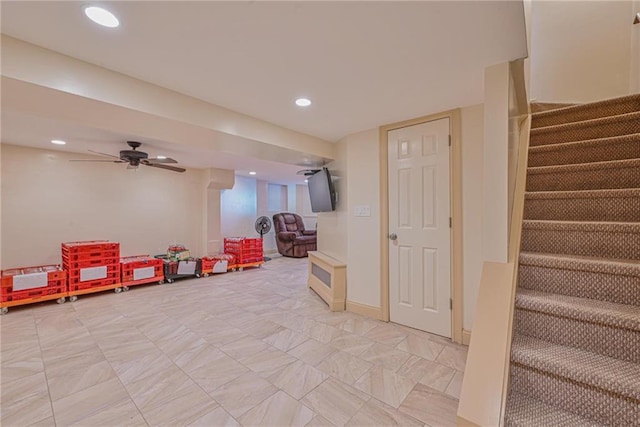 game room featuring recessed lighting and ceiling fan