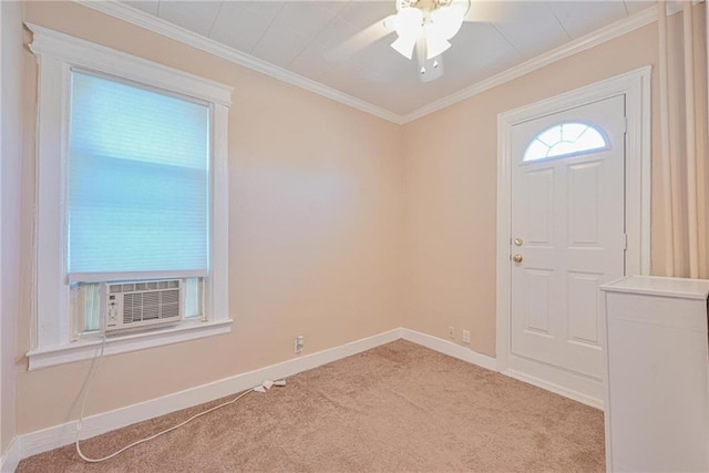 foyer featuring baseboards, light carpet, ceiling fan, crown molding, and cooling unit
