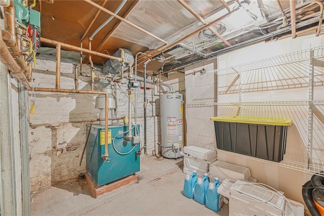 unfinished basement featuring gas water heater and a heating unit