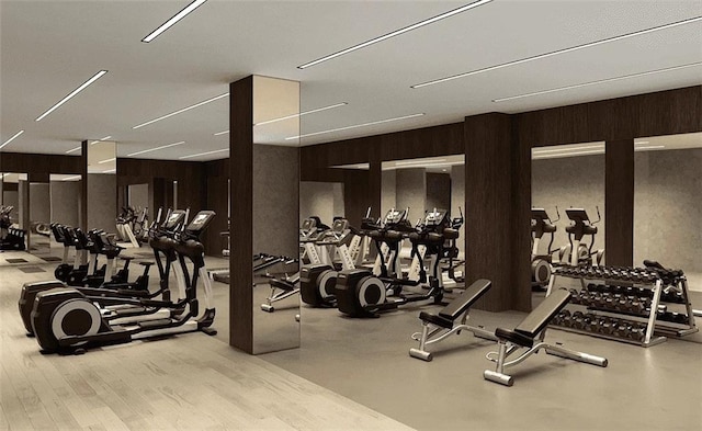 1238 63rd St Unit D301, Brooklyn, NY 11219 - exercise room featuring wood walls and wood finished floors