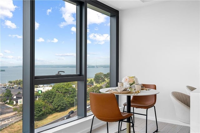 2286 Cropsey Ave Unit 15E, Brooklyn, NY 11214 - dining room with a water view, floor to ceiling windows, wood finished floors, and baseboards