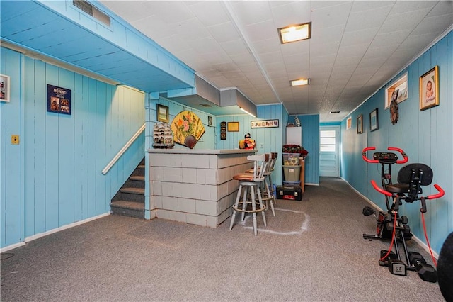 playroom with baseboards, carpet floors, and a bar