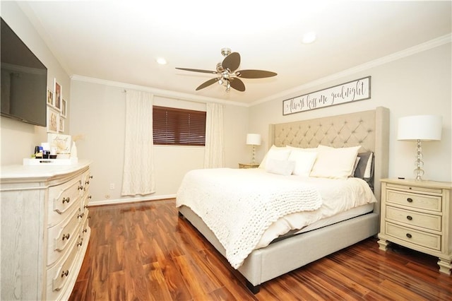 bedroom featuring baseboards, dark wood-type flooring, ceiling fan, and crown molding