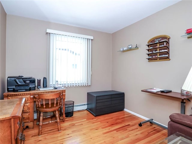 home office with light wood-style floors and baseboards