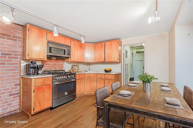 kitchen featuring light wood-type flooring, stainless steel appliances, light countertops, and a sink