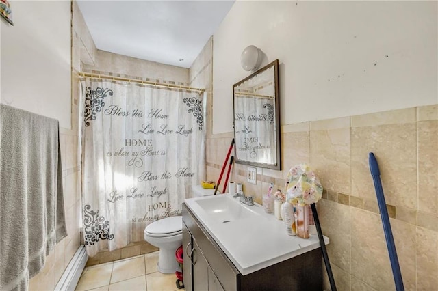 bathroom with vanity, tile walls, a baseboard heating unit, tile patterned floors, and a shower with curtain